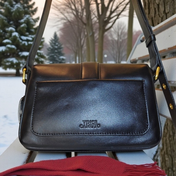 SALE! Black Crossbody Faux Shearling Bag by Vince Camuto w/ Leather Horse Charm - Picture 3 of 7